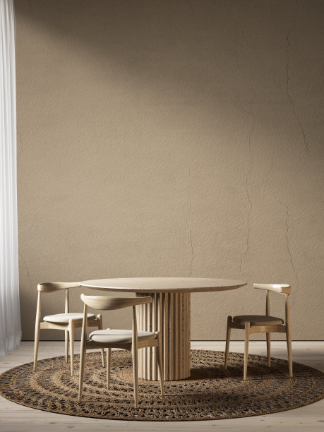 室内有圆形餐桌和椅子。3d渲染插图模型。图片下载