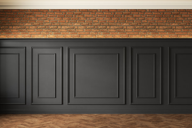 经典的阁楼内部与黑色墙板，线条和砖墙。3d渲染插图模型。图片下载
