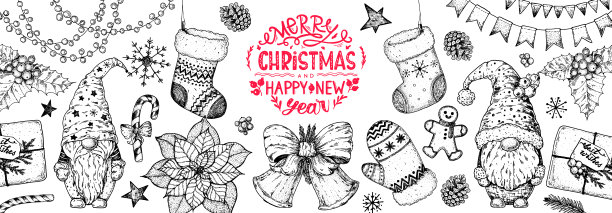 圣诞贺卡。插图喜庆的圣诞节情绪。手绘草图。复古的设计元素。矢量插图。邀请设计模板。素描的收藏。图片下载