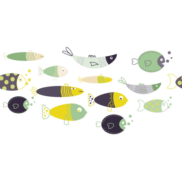 无缝边界图案与可爱的卡通鱼和复古调色板。矢量图图片下载