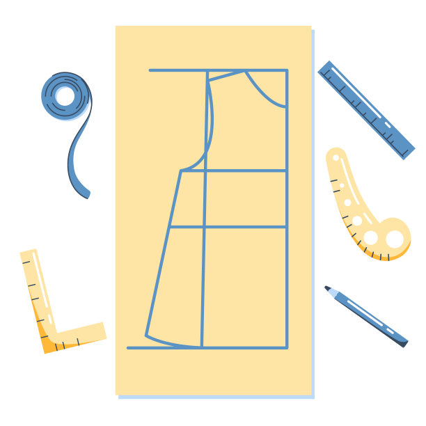 图案的衣服。模板，尺子，裁缝用尺，铅笔。裁剪工具矢量插图图片下载