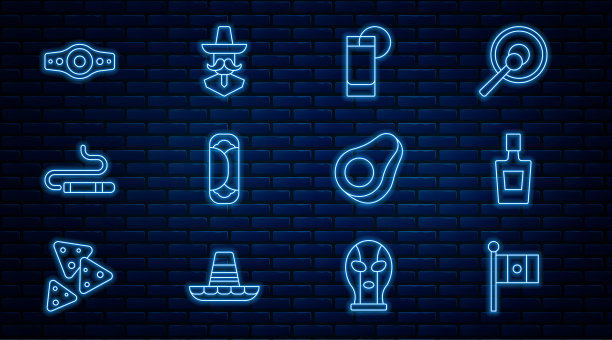 设置线墨西哥国旗，龙舌兰瓶，柠檬玻璃，墨西哥卷饼，雪茄，摔跤冠军腰带，鳄梨水果和墨西哥人帽子图标。向量图片下载