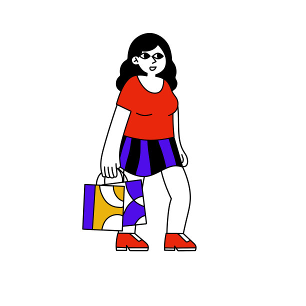 拿着包的年轻女人。购物和购买。女性时尚个性。女孩带着包裹走。轮廓现代卡通插图孤立在白色图片下载