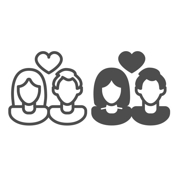 恋爱中的情侣，男孩和女孩，心线和固体图标，日期和浪漫的概念，爱情故事矢量标志在白色背景上，轮廓风格图标的移动概念和网页设计。矢量图形。图片下载