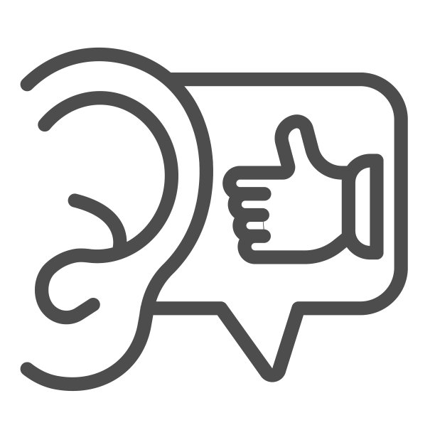 耳朵与拇指向上的手指，听到很酷的恭维线图标，日期概念，平坦的矢量符号在白色背景，轮廓风格图标的移动概念和网页设计。矢量图形。图片下载