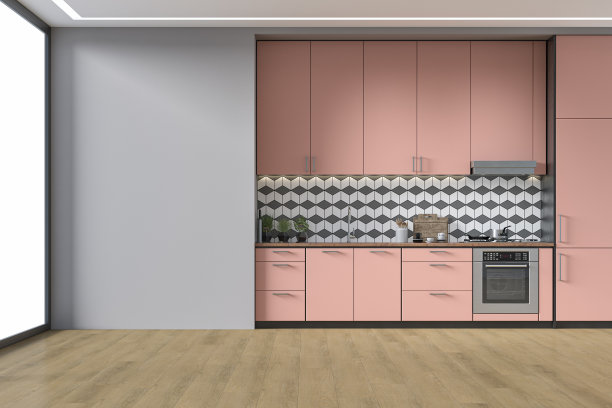 现代宽敞的橙红色厨房图片下载