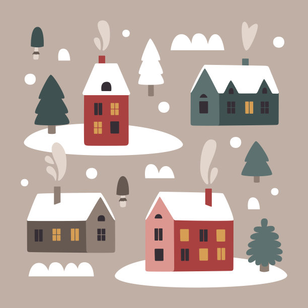 可爱的圣诞冬季房屋向量剪贴画与圣诞房屋和烟囱的烟，圣诞树，石头，灌木，雪在时髦的斯堪的纳维亚波西米亚风格图片下载