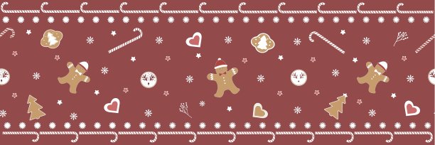 无缝矢量圣诞边界，丝带上的红色背景。新年的节日质地有滑稽的糖果，姜饼，姜饼人，糖果，雪花。透明胶带，问候，明信片图片下载