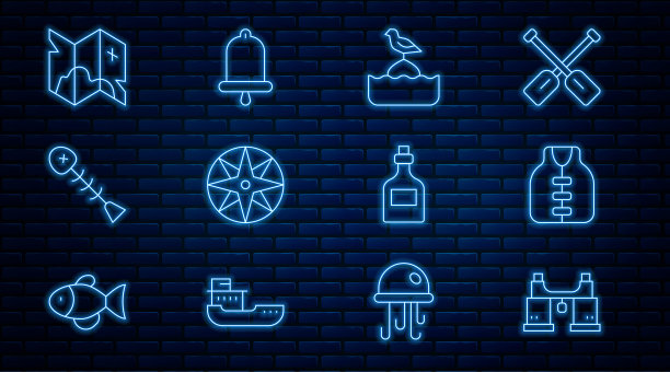 双筒望远镜，救生衣，海鸥坐浮标，风起，死鱼，海盗藏宝图，朗姆酒和船钟图标。向量图片下载