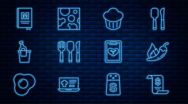 设置线纸或财务支票，辣椒辣椒荚，纸杯蛋糕，叉子，勺子和刀，香槟冰桶，餐厅咖啡馆菜单，和奶酪图标。向量图片下载