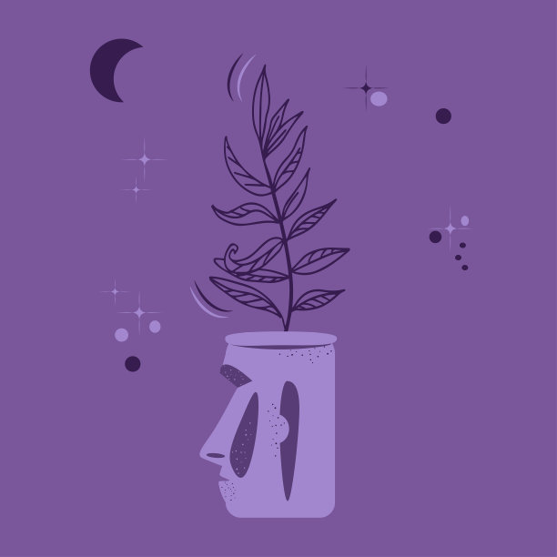 摩埃石像头形花盆。室内植物在星空和月亮的黑暗背景。神秘深奥的紫色色调绘画。矢量插图设计。图片下载