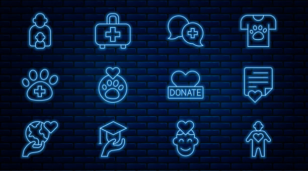 设置志愿者，爱心信封，对话医生，爱心动物足迹，兽医诊所，照顾孩子，捐赠慈善和急救箱图标。向量图片下载