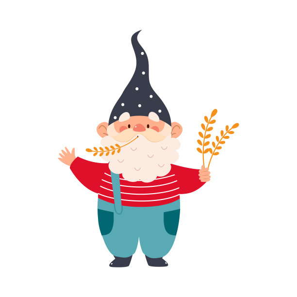 可爱的侏儒角色与胡须在尖帽子持有小穗矢量插图图片下载