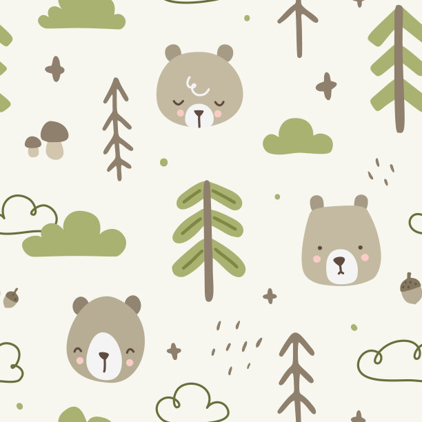 可爱的森林熊斯堪的纳维亚涂鸦图案。用于布料，纺织品，包装，纸张，文具，苗圃的无缝纹理。图片下载