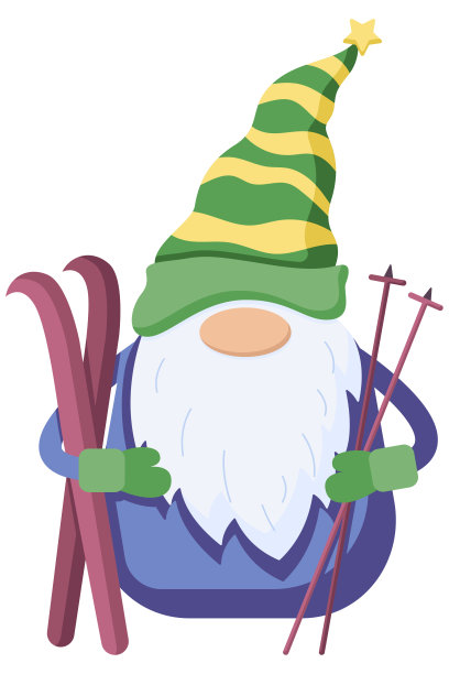 扁平风格的小冬地精，侏儒角色手持滑雪板孤立在白色背景上。图片下载