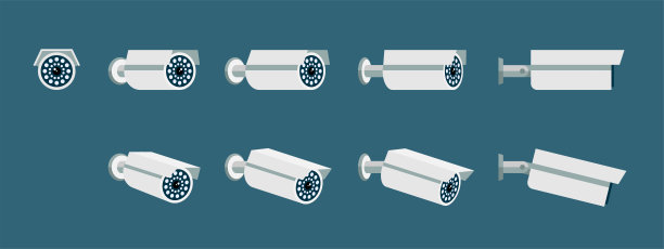 闭路电视摄像机图标设置。安全监视平面图标。安全控制摄像旋转采集。视频保护系统符号。向量图片下载