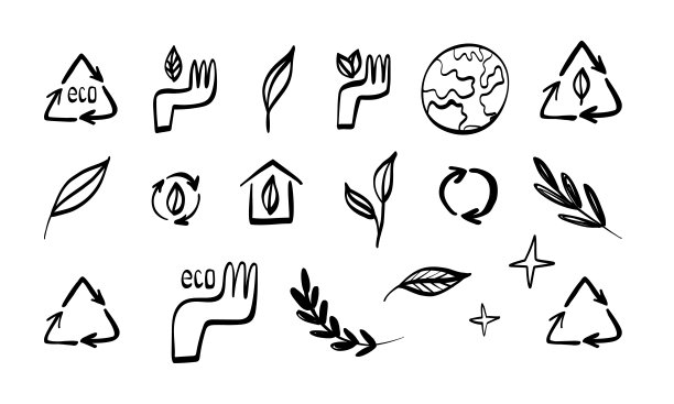 生态、自然的生产和建设，可重复利用的能源线艺术图标设置。11、收集手中的树叶，回收符号，绿色环境。草图向量孤立的插图。图片下载