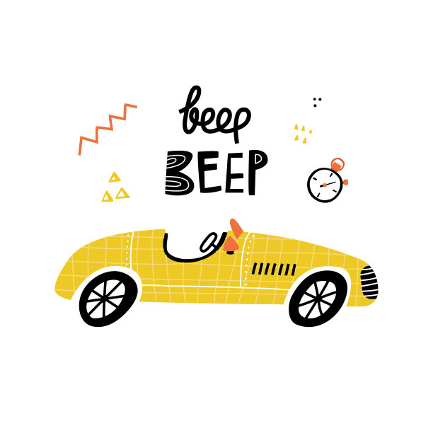 黄色卡通汽车和哔哔的手写文字抽象形状。完美的t恤，服装，卡片，海报，托儿所装饰。孤立在白色背景矢量插图图片下载