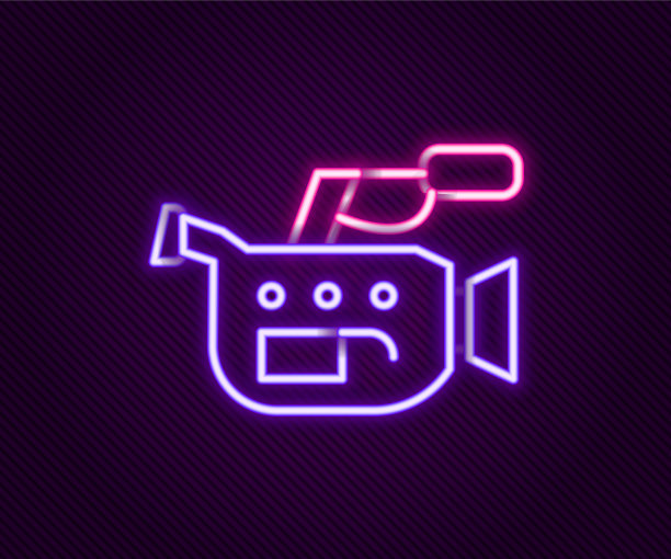 发光的霓虹灯线电影院相机图标孤立图片下载