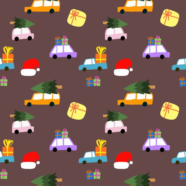 无缝模式与汽车和圣诞树。圣诞节的照片。年画面送服务。图片下载