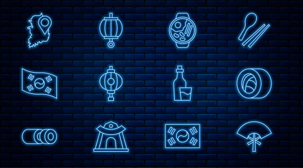 传统扇子，寿司，拉面，韩国灯笼，韩国国旗，地图，烧酒瓶和图标。向量图片下载