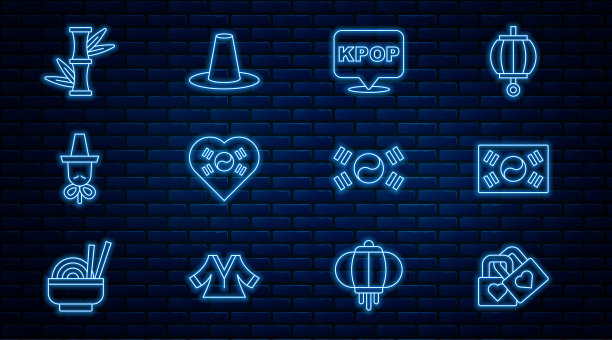 心形锁，韩国国旗，韩国流行音乐，爱情，韩国帽子，竹子，偶像。向量图片下载