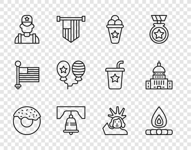 甜甜圈，篝火，华夫饼甜筒冰淇淋，自由钟费城，警长牛仔，气球，雕像和白宫图标。向量图片下载