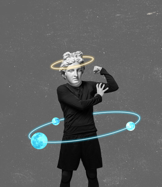 当代艺术拼贴运动员与古董雕像头孤立在灰色背景图片下载