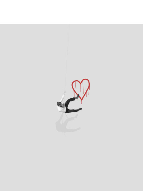 现代设计，当代艺术拼贴。灵感，想法，时尚的都市杂志风格。灰色背景上的微型人的形象和心图片下载