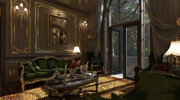 豪华经典客厅室内3d插画图片下载