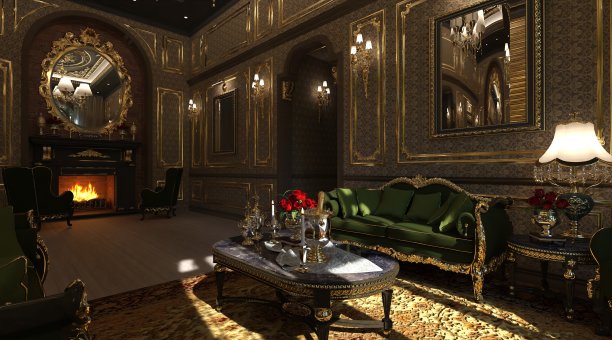 豪华经典客厅室内3d插画图片下载