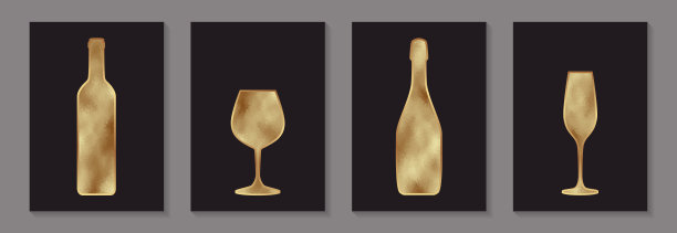 带有金箔的酒瓶和玻璃杯。图片下载