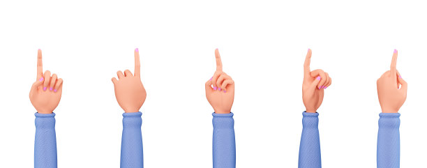 卡通手点或点击的东西，3d渲染。3d女性手修指甲蓝色毛衣，食指指向。一套3d手孤立在一个白色的背景。图片下载