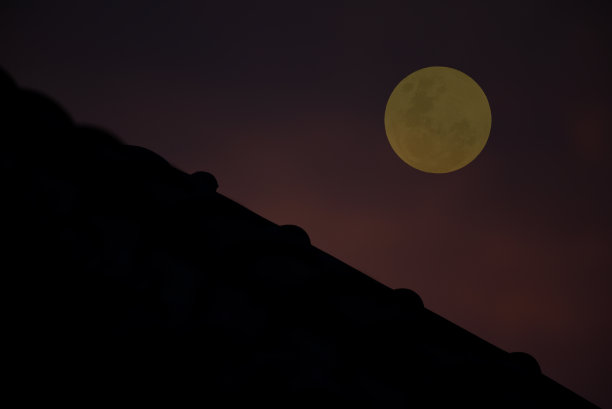 屋顶的轮廓与满月在晚上。图片下载