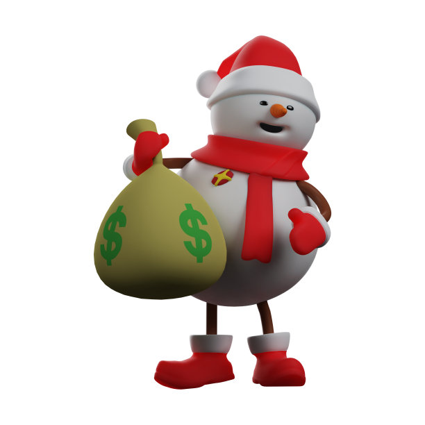 3D雪人卡通插图与麻袋钱图片下载