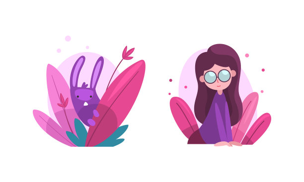 可爱的女孩和小兔子躲在精灵树丛里图片下载