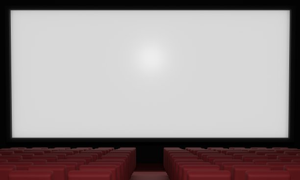 白色的电影屏幕和大厅里的红色座位。3 d渲染。图片下载
