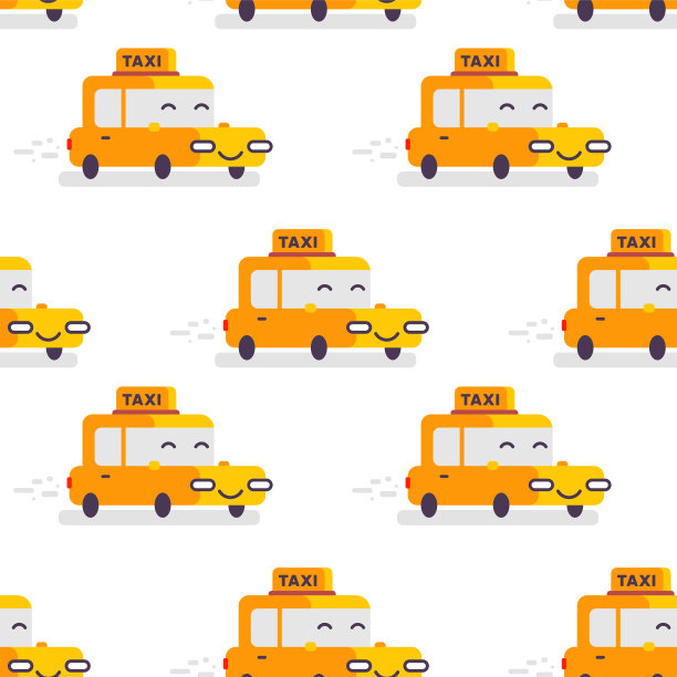 向量儿童插图的黄色快乐出租车字符在白色的背景。平式汽车无缝花纹设计图片下载