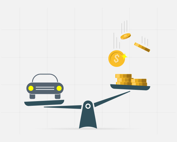 汽车和金钱的天平图标…天平与汽车和硬币在平面风格。购买现代风格的概念车图片下载