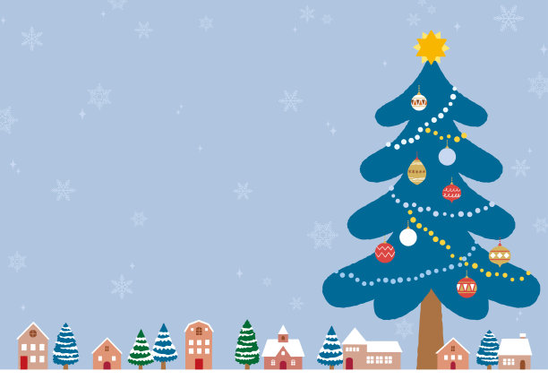 手绘插图的一个下雪的圣诞节城市景观和圣诞树，蓝色的灰色背景图片下载