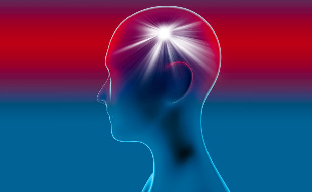 从侧面看头部疼痛，偏头痛，大脑疼痛。想法和解决方案，解决问题。剧烈的疼痛图片下载