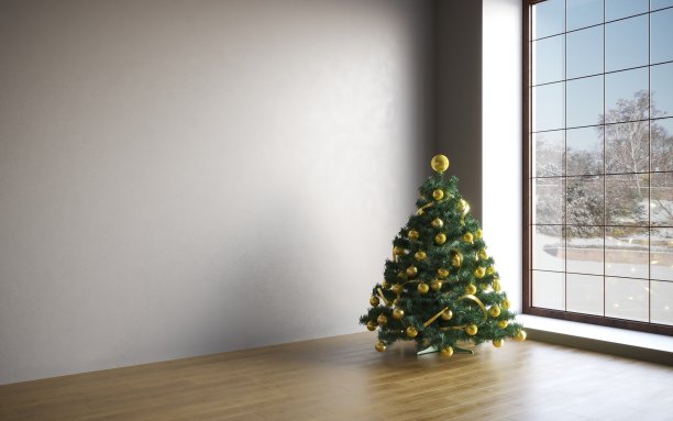圣诞概念室内房间，圣诞树，白色室内木地板。图片下载