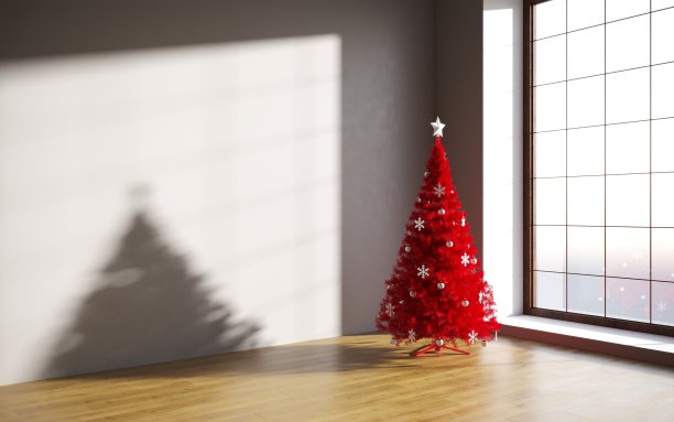 圣诞概念室内房间，圣诞树，白色室内木地板。图片下载