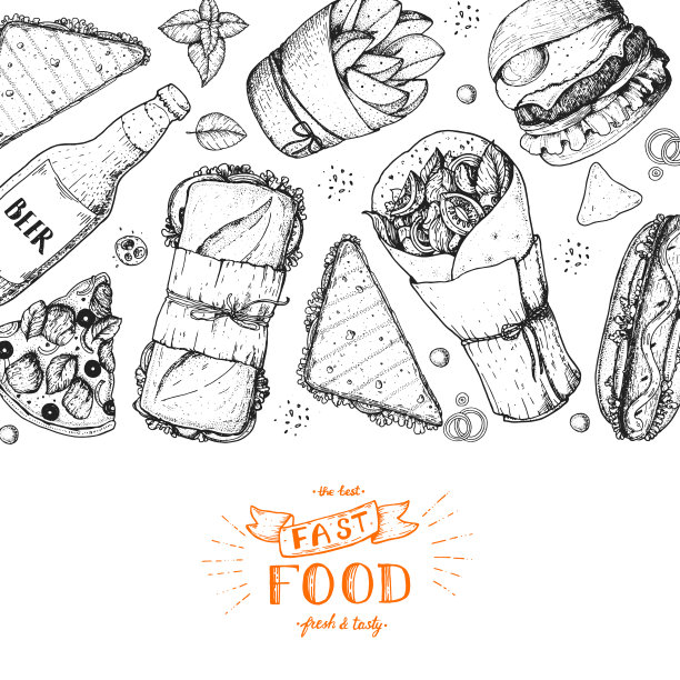 快餐手绘草图收集。矢量插图。垃圾食品。雕刻风格的插图。街头小吃设计模板。图片下载