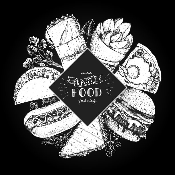 快餐速写集。矢量插图。垃圾食品。雕刻风格的插图。快餐圈标签。各种食物。图片下载