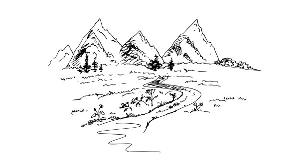 乡村景观以高山、高山草甸为主。矢量插图。草图。图片下载