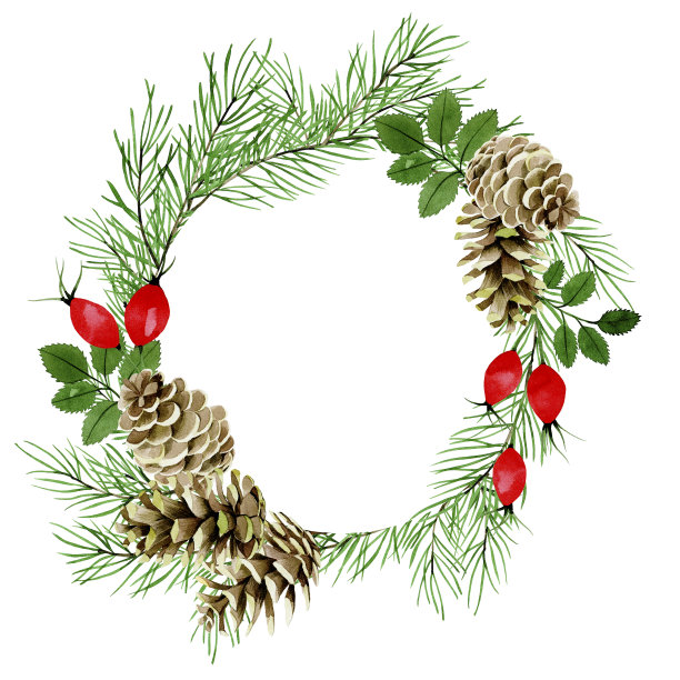 水彩画圣诞圆框架，花环与冷杉树枝，球果和红浆果野玫瑰。装饰新年，圣诞卡。图片下载