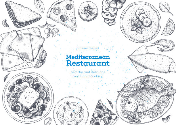 地中海美食顶视图框架。一套地中海菜肴。食品菜单设计模板。复古手绘草图。矢量插图。收集食物。图片下载