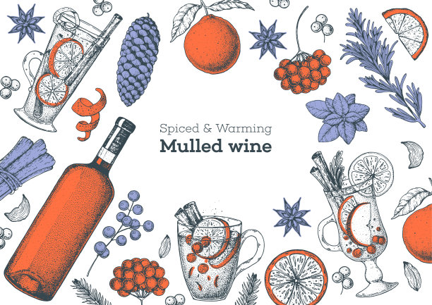 热酒，冬天的热饮。手绘草图。矢量插图。圣诞邀请函设计模板。素描的收藏。圣诞菜单栏。热酒和茶。图片下载