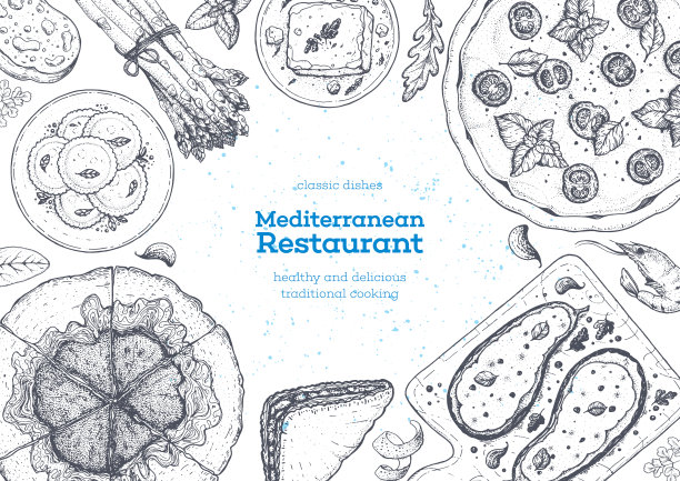 地中海美食顶视图框架。一套地中海菜肴。食品菜单设计模板。复古手绘草图矢量插图。图片下载